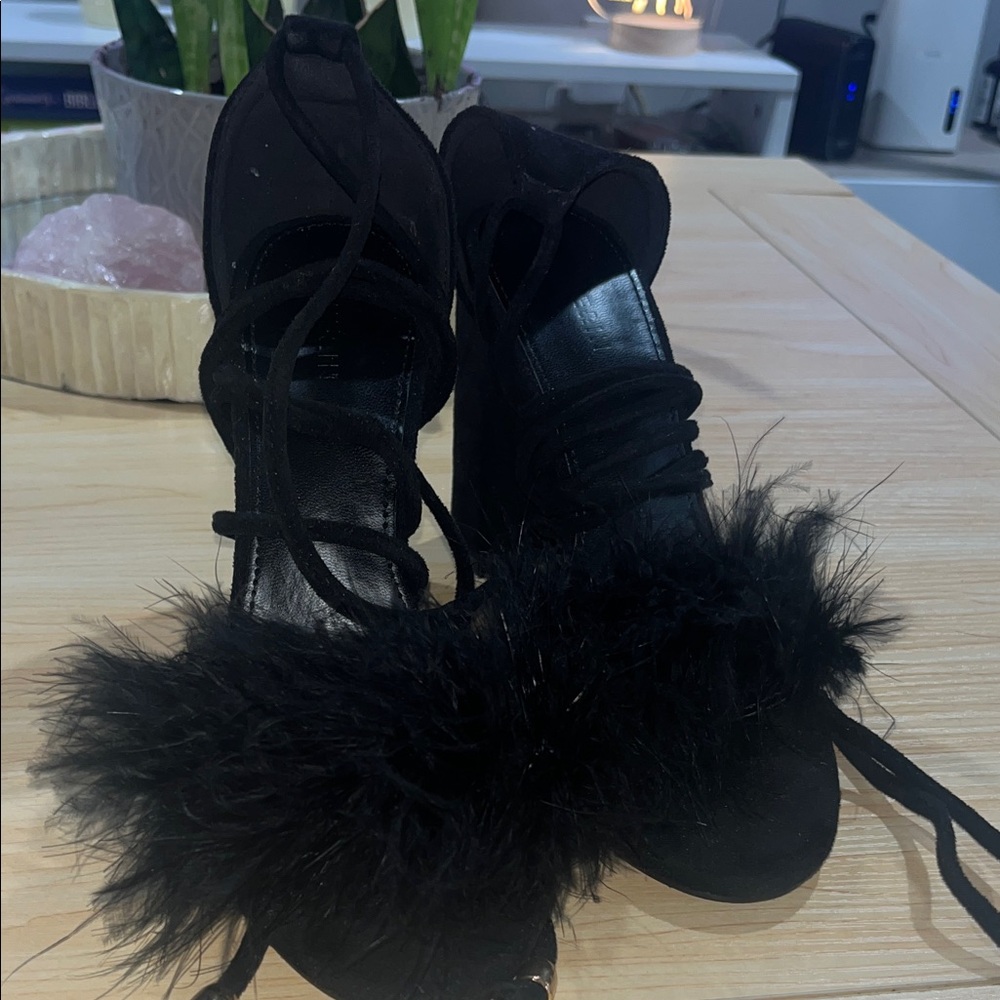 SHEIN Black Heels with Fur Accent